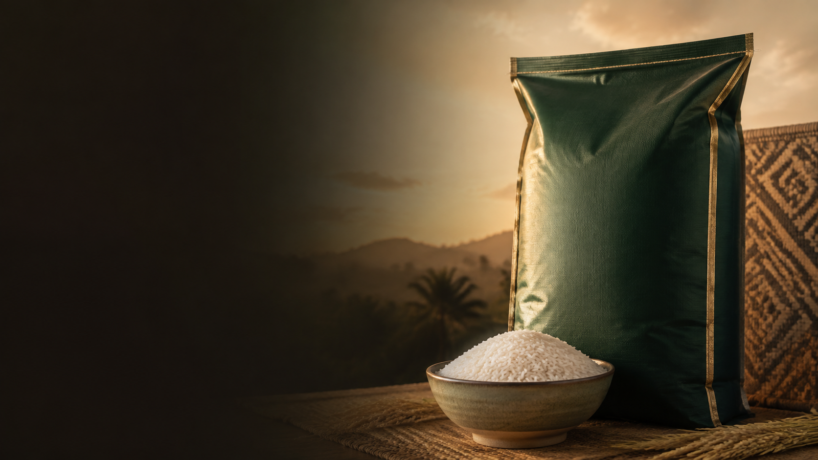 Sac de riz premium et bol de riz dans un décor africain